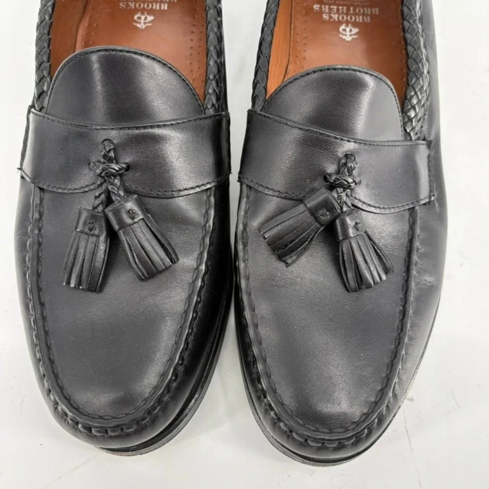 Brooks Brothers Tassel Loafers 10 D Black Leather Braided Trim Hand Sewn Shoes